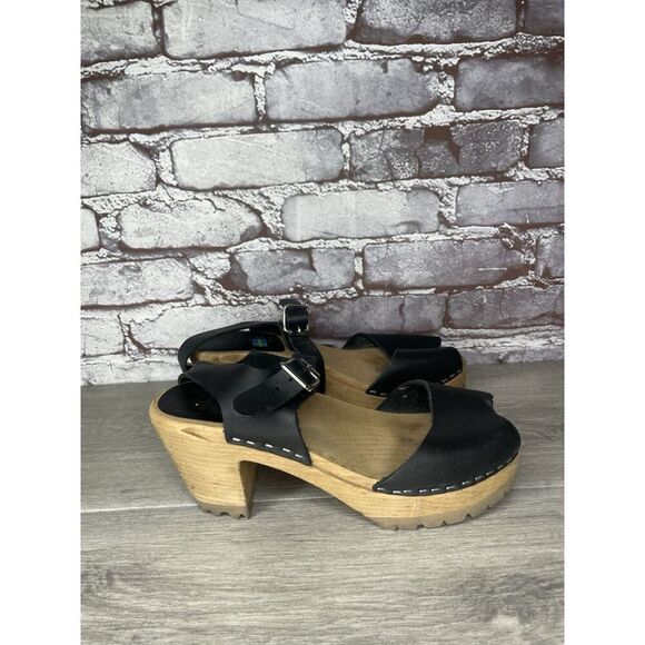 Swedish Hasbeens Black Leather Wooden Heel Peep Toe Ankle Strap Sandals Women 38 - Picture 16 of 16